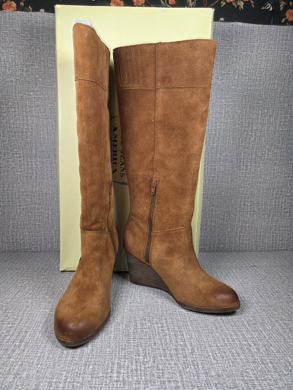 Lucky Brand Sanna Bombay Brown Suede Leather Wedge Knee High Boots 8.5  $219